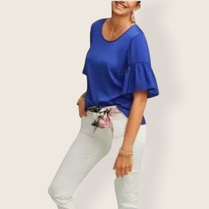 Cabi Rhyme Sapphire Blue Flutter Half Sleeved Crew Neck Blouse Large Women’s